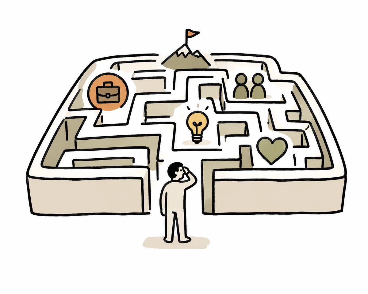 A person standing before a maze of career choices