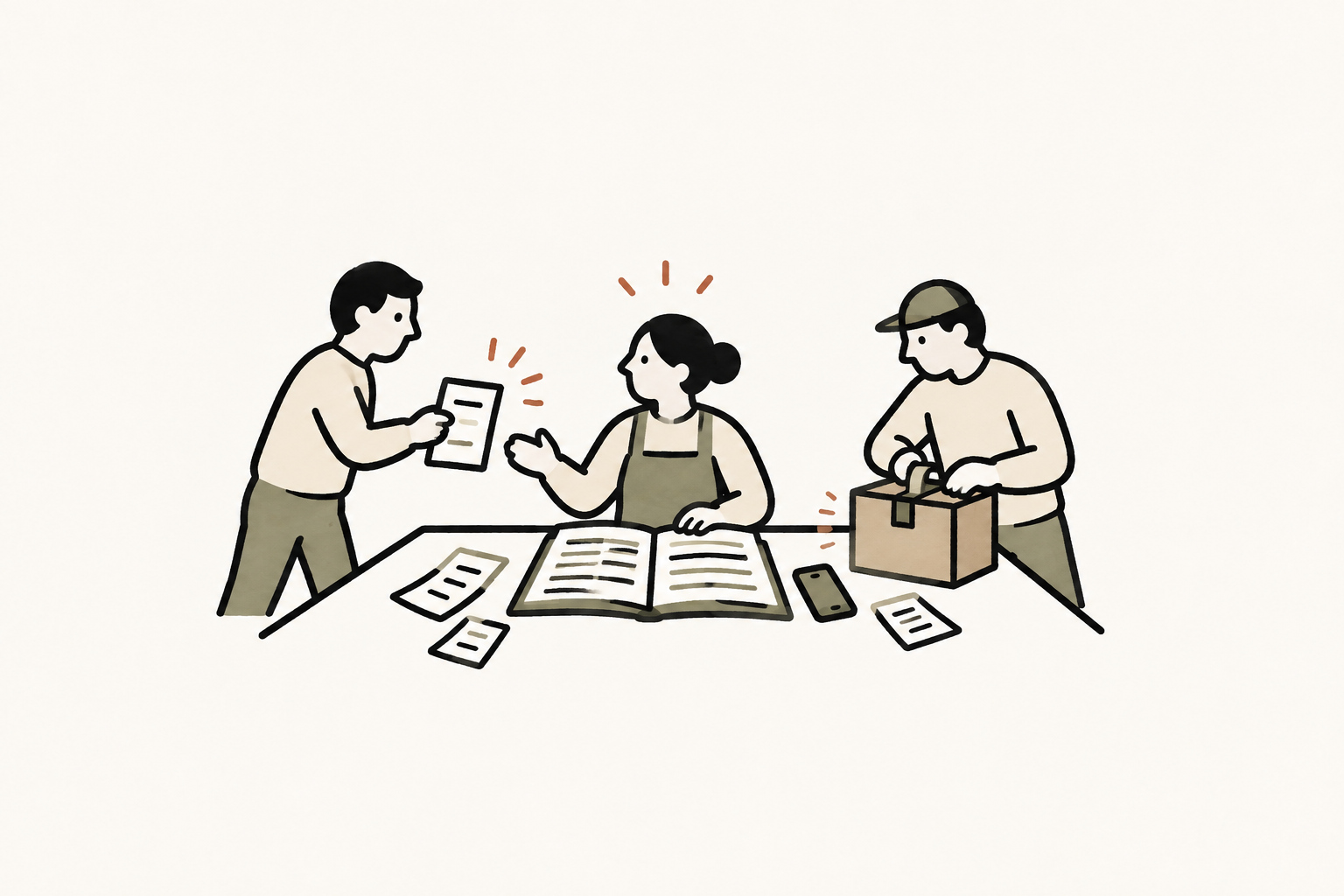 A small team coordinates orders and packing around a shared worktable