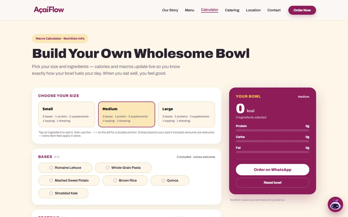The build-your-own bowl calculator: size selection on the left, a live macro summary panel on the right