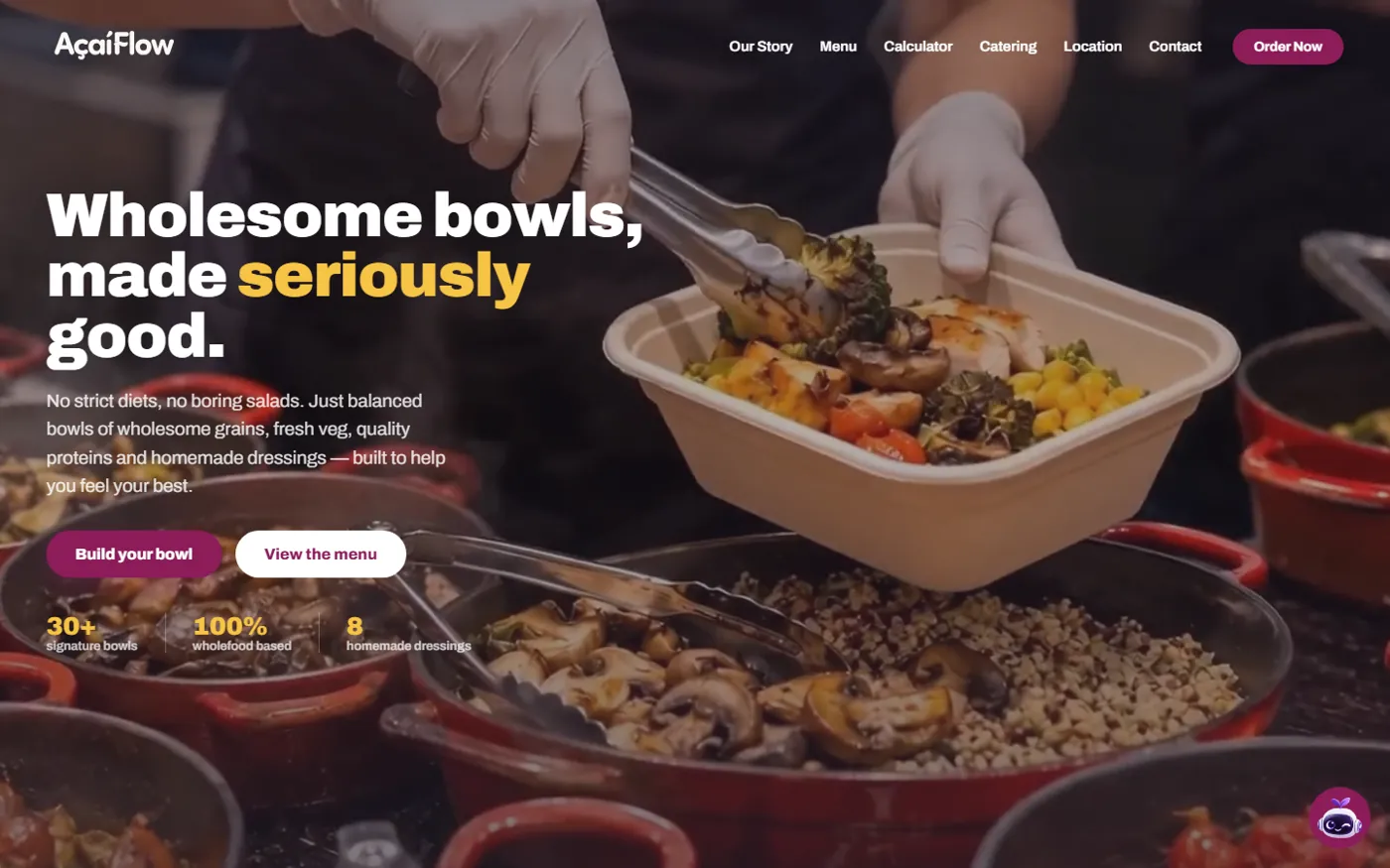 The acaiflow.my homepage: a full-screen video hero with the line Wholesome bowls, made seriously good