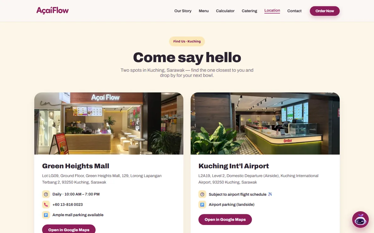 The locations page with a card for each outlet, hours and a Google Maps link