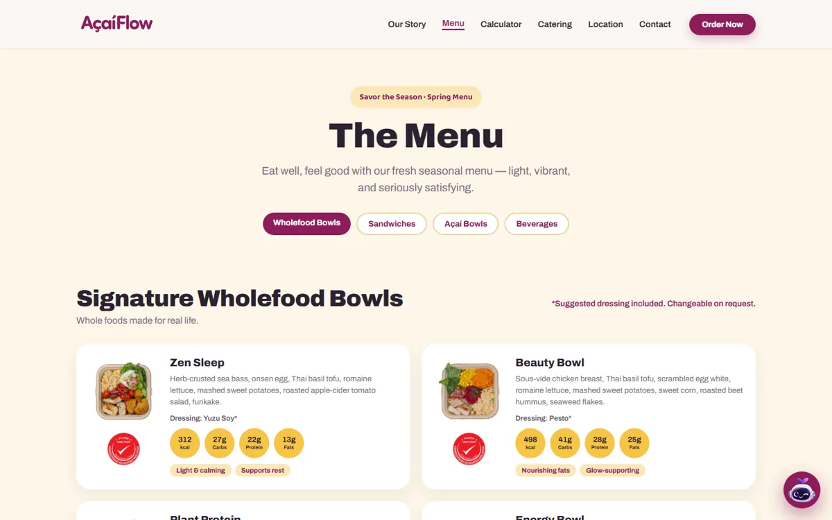 The menu page showing signature wholefood bowls with Healthier Choice badges and macros