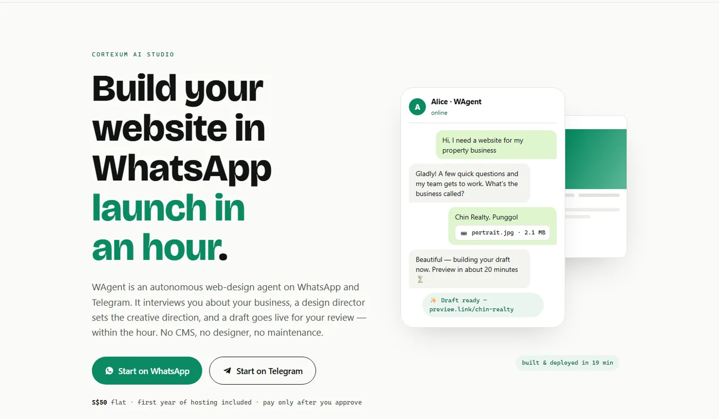 The wagentapp.com landing page: build your website in WhatsApp, launch in an hour