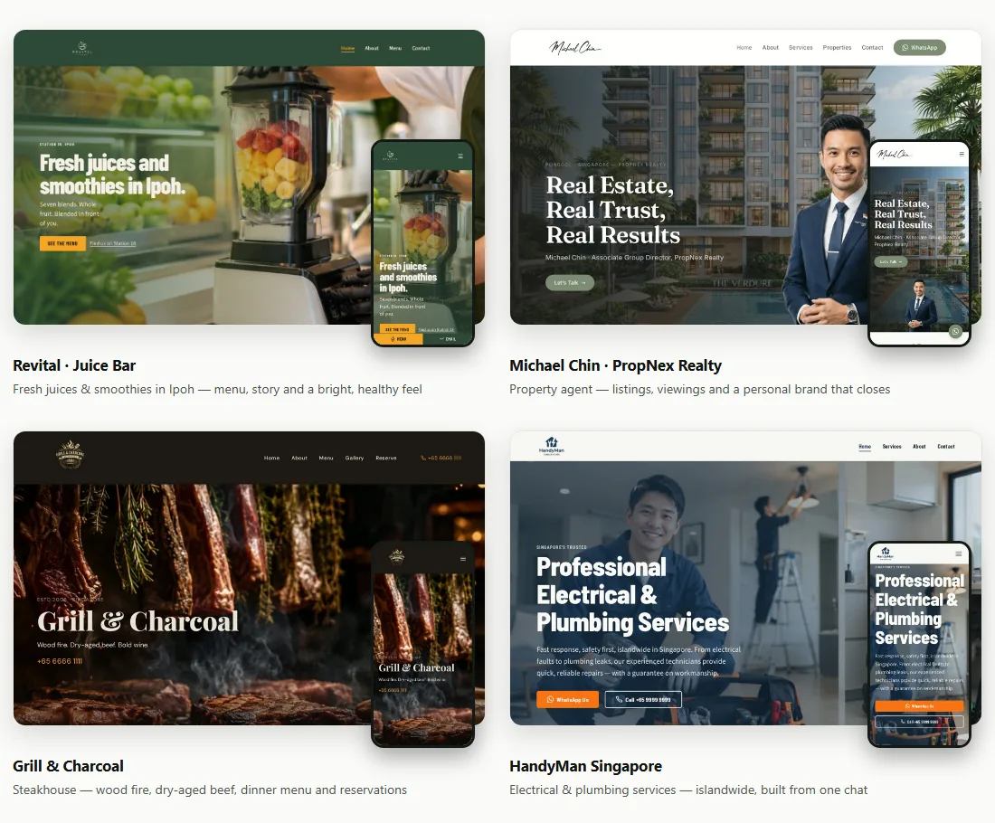 Four sample sites built by WAgent from a single chat each: a juice bar in Ipoh, a property agent, a steakhouse and a handyman service