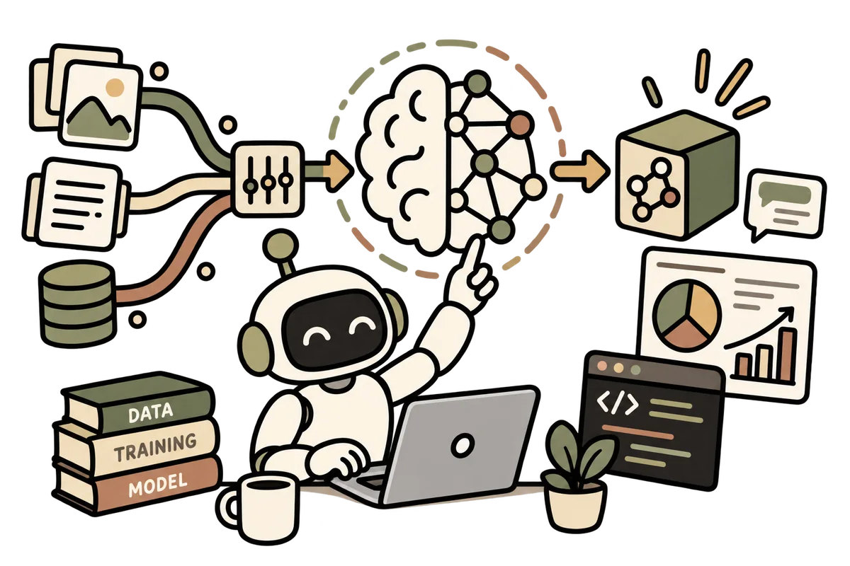 Data flowing into model training and out to a deployed model