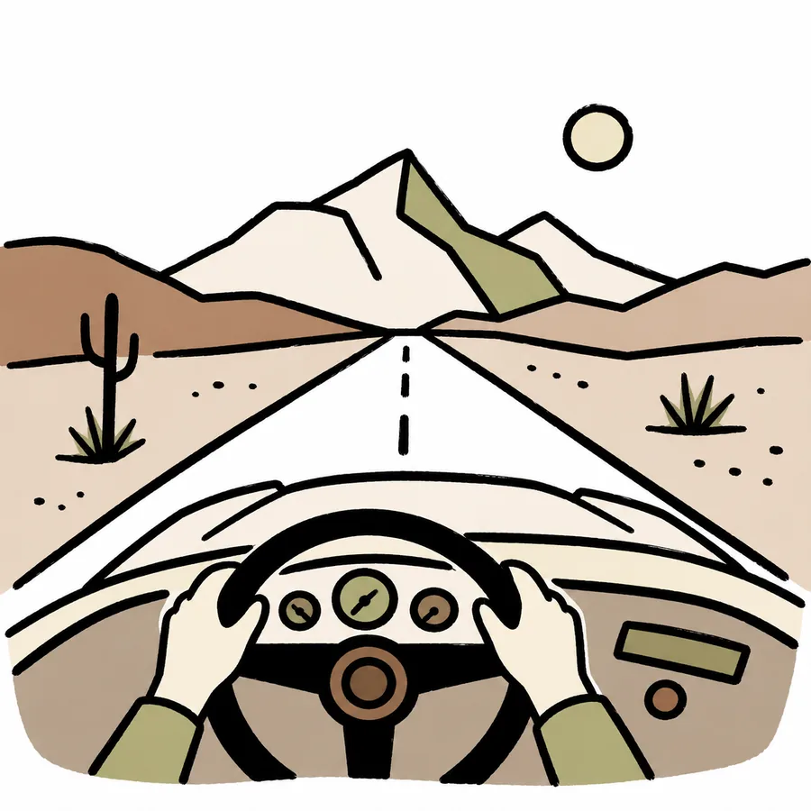Driving down an open road toward mountains